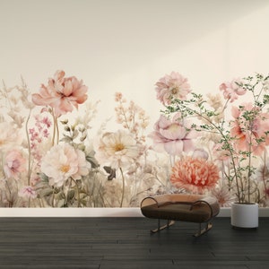 Soft Flowers Wallpaper, Vintage Floral Mural Decor, Peel and Stick & One Piece, Large Floral Poster, Wildflower Wallpaper