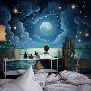 Carta da parati "The Boy in the Boat" per cameretta e asilo nido / Decorazione murale rimovibile con stelle e paesaggio notturno marino / Carta da parati per ragazzi