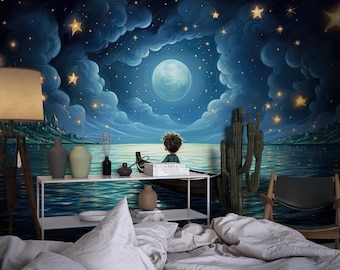 Der Junge im Boot Tapete für Kinderzimmer und Kinderzimmer / Sterne und Seenachtslandschaft Abnehmbares Wandbild Dekor / Jungen Tapete