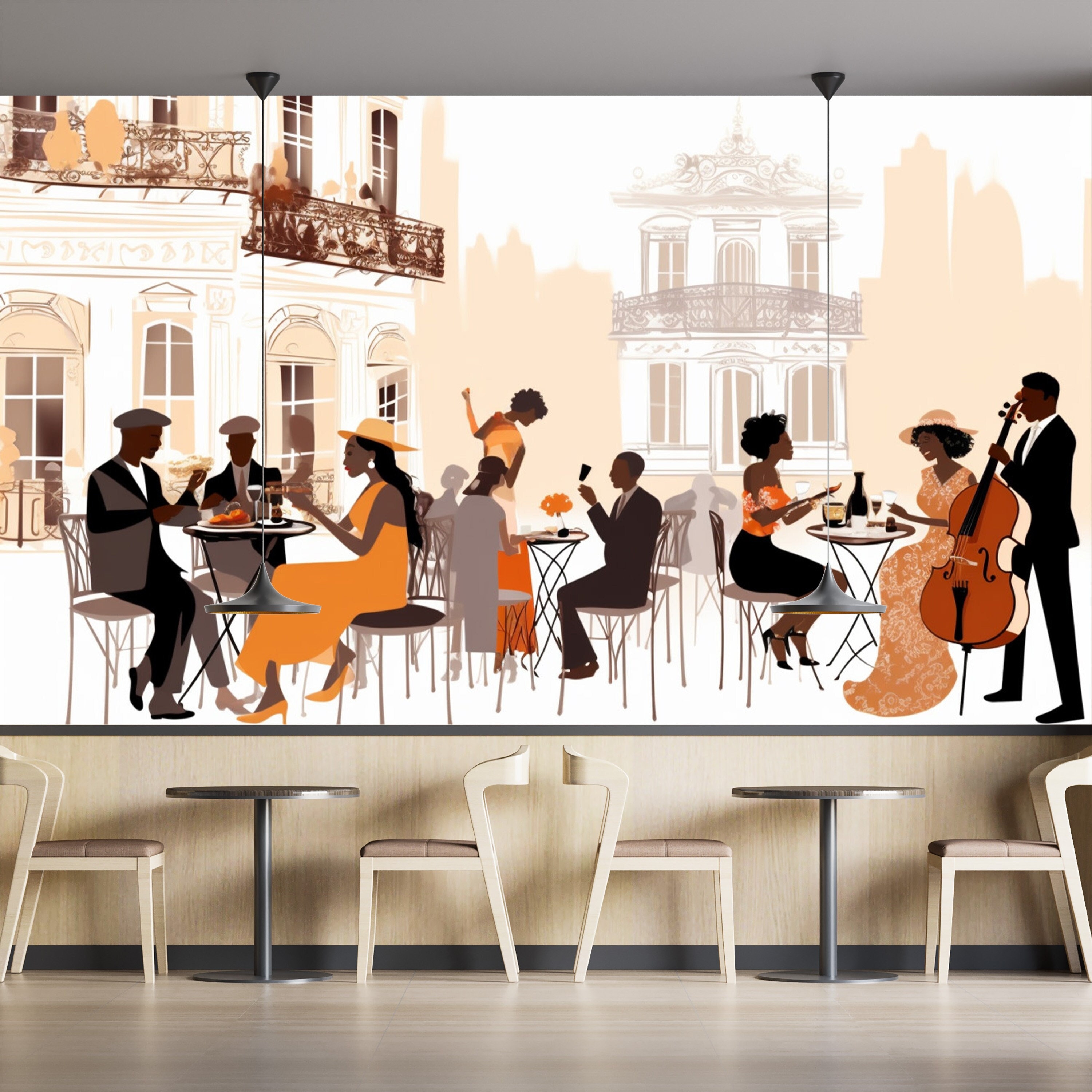 Cafe Wallpaper, Street Art Cafe Wall Mural, People Drinking Coffee, Peel and Stick Removable Poster, Cafe Mural Decor