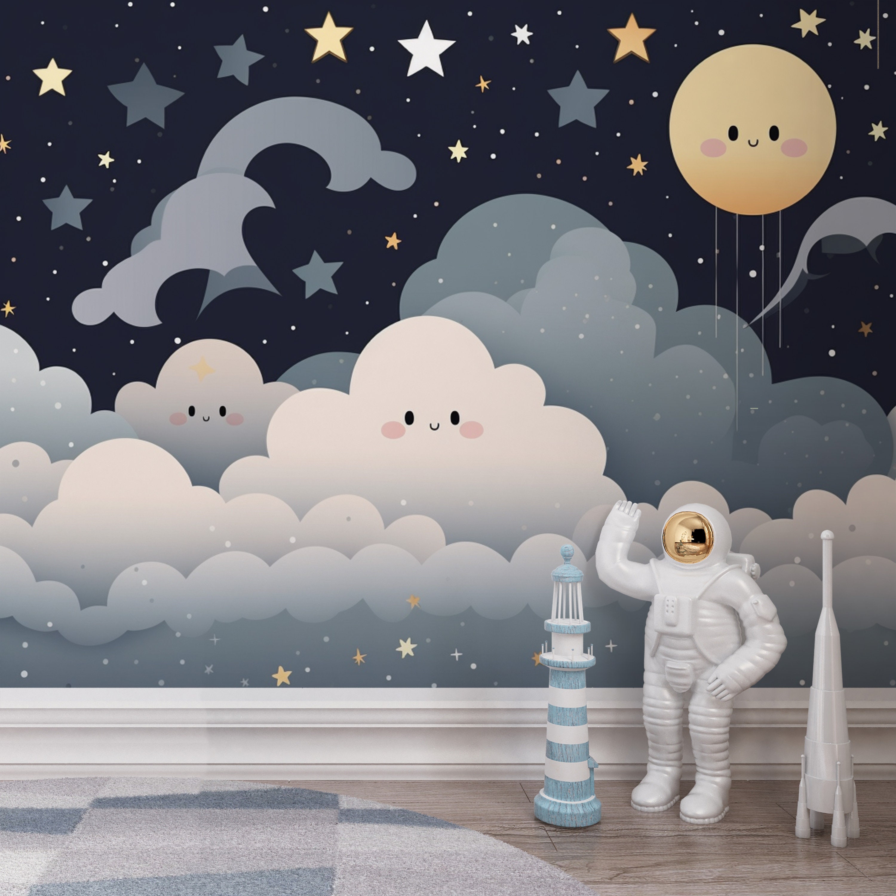 Nursery and Kids Room Wallpaper / Clouds, Stars and Sun Removable ...