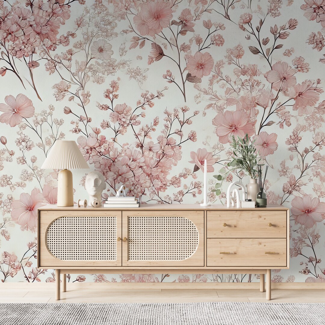 Pink Watercolor Flowers Wallpaper, Peony Blossom Wall Mural, Large ...