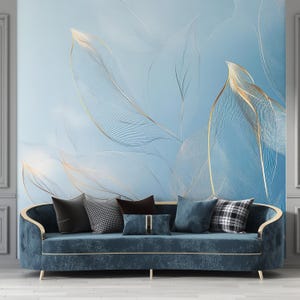 Minimalist Gold Leaves Wall Art, Soft Blue Wall Mural Decor, Vintage Leaf Modern Wall Decor, Elagant Wallpaper for Bedroom and Living Room