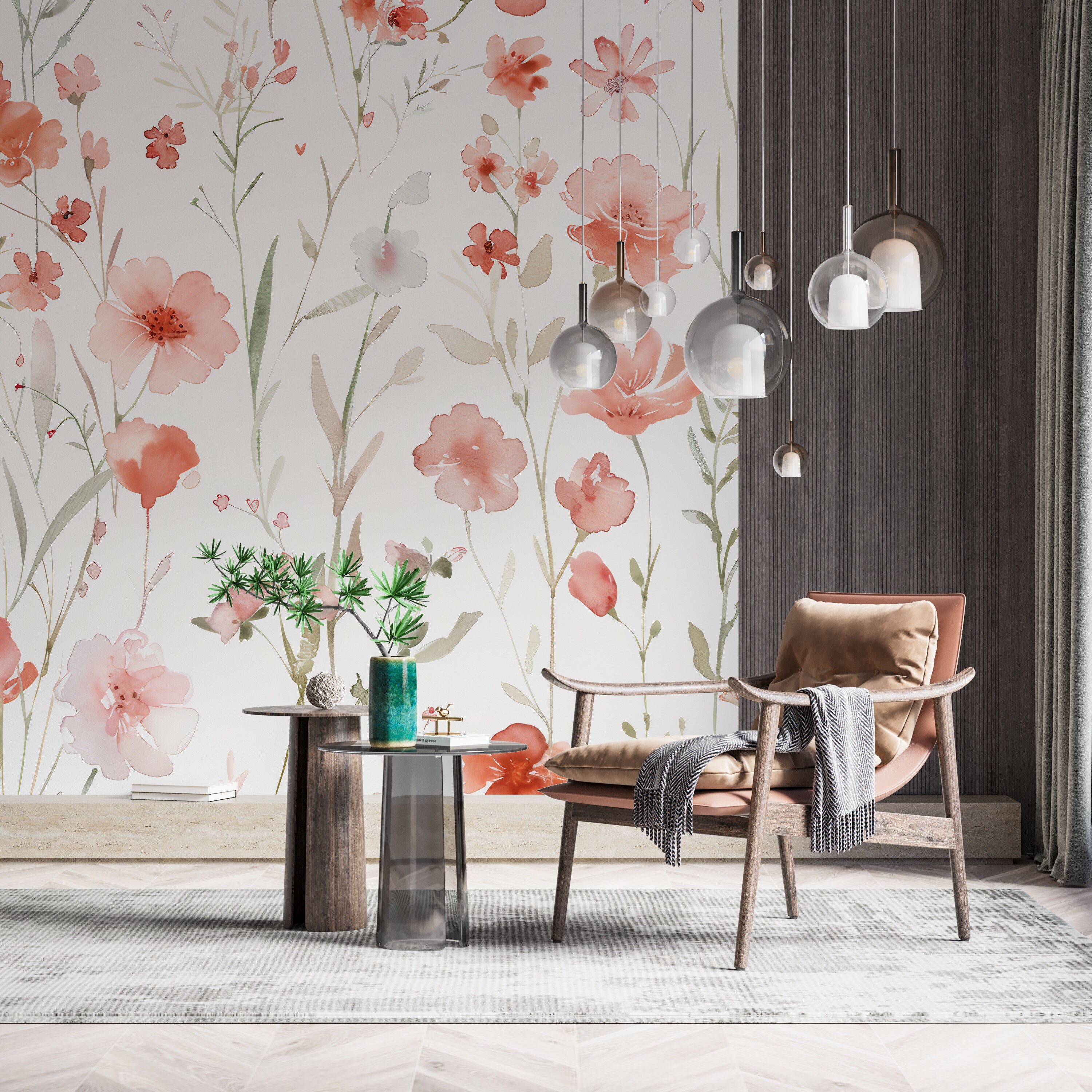 Soft Watercolor Floral Wallpaper, Wildflower Wall Decal, Pink Peony ...