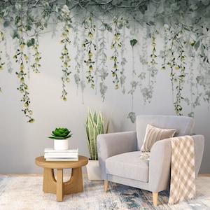 Hanging Green Leafs Wallpaper, Vintage Floral Mural Decor, Peel and Stick & One Piece, Modern Large Floral Poster
