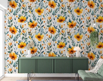Papier peint grandes fleurs jaunes, décoration murale florale orange, décoration murale salle de bain, salon et chambre à coucher