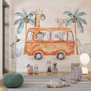 Giraffe and Elephant Wallpaper, Safari Animals Wall Decor, Jungle Wall Decal for Nursery and Kids Room, Palm Trees Watercolor Wall Mural