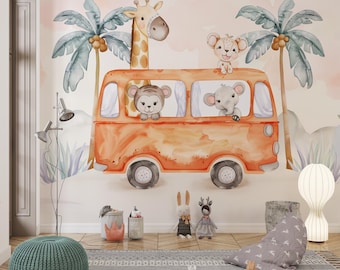 Papel pintado de jirafa y elefante, decoración de pared con animales de safari, calcomanía de pared de jungla para habitación infantil y infantil, mural de pared de acuarela de palmeras.