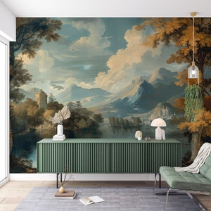 Vintage Malerische Tapete, Baum Wandbild, Retro Landschaft Tapete, Historische Ländliche Gemälde Tapete, Panorama Tapete
