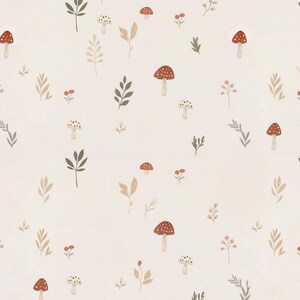 Woodland Cute Mushroom Wallpaper, Hand-Drawn Floral Wall Mural, Minimalist Nursery Wall Decal, Playful Kids Wall Decor, Children's Room Art