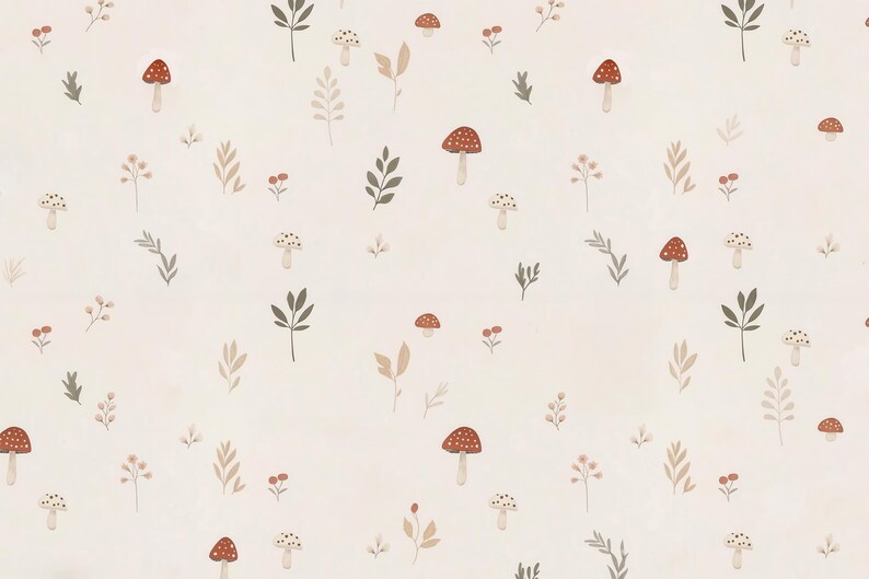 Woodland Cute Mushroom Wallpaper, Hand-Drawn Floral Wall Mural, Minimalist Nursery Wall Decal, Playful Kids Wall Decor, Children's Room Art