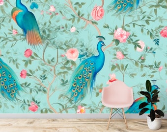 Chinoiserie WallPaper Blue Flowers and Peacock, Removable Vintage Mural Decor, Peel Stick and One Piece