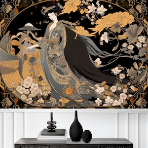 May include: A digital illustration of a woman in a traditional Japanese kimono with a long, flowing black and gold robe. The woman is surrounded by flowers and foliage in shades of gold, white, and black. The background is a dark, starry night.