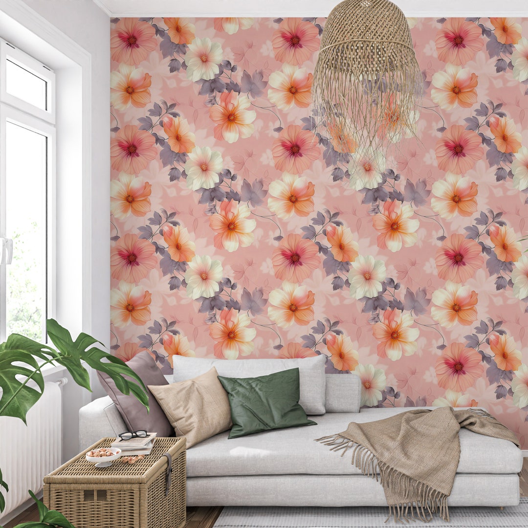 Tree Peony Wallpaper, Pink Flowers Wall Art, Peel and Stick, Living ...