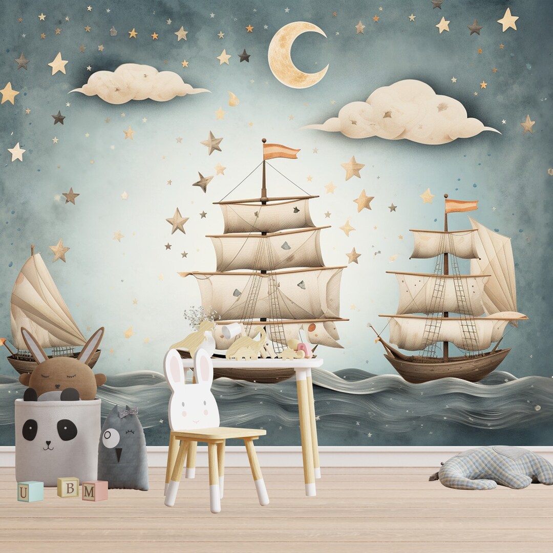 Nursery and Kids Room Wallpaper - Ships, Stars and Moon Mural Decor ...