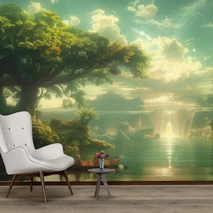May include: A white armchair with a wooden frame sits in front of a scenic mural depicting a lush green forest, a lake, and a waterfall in the distance.