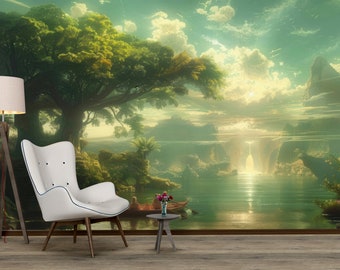 Vintage River Wallpaper, Tree Wall Mural, Retro Landscape Wallpaper, Historical Rural Painting Wallpaper, Panoramic Wallpaper