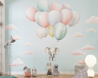 Elephant and Balloons Wallpaper, Vintage Wall Mural Kids Room Peel and Stick Kids Wallpaper Peel and Stick,Hot Air Balloon Nursery Wallpaper