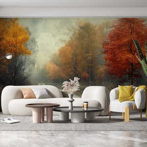Vintage Forest Wall Decal, Oil Painting Landscape Wall Art, Countryside Scenic Wall Mural, Rural Wall Mural, Rainforest Woodland Wall Decal