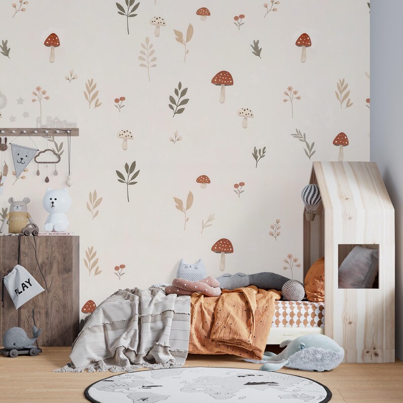 Woodland Cute Mushroom Wallpaper, Hand-Drawn Floral Wall Mural, Minimalist Nursery Wall Decal, Playful Kids Wall Decor, Children's Room Art