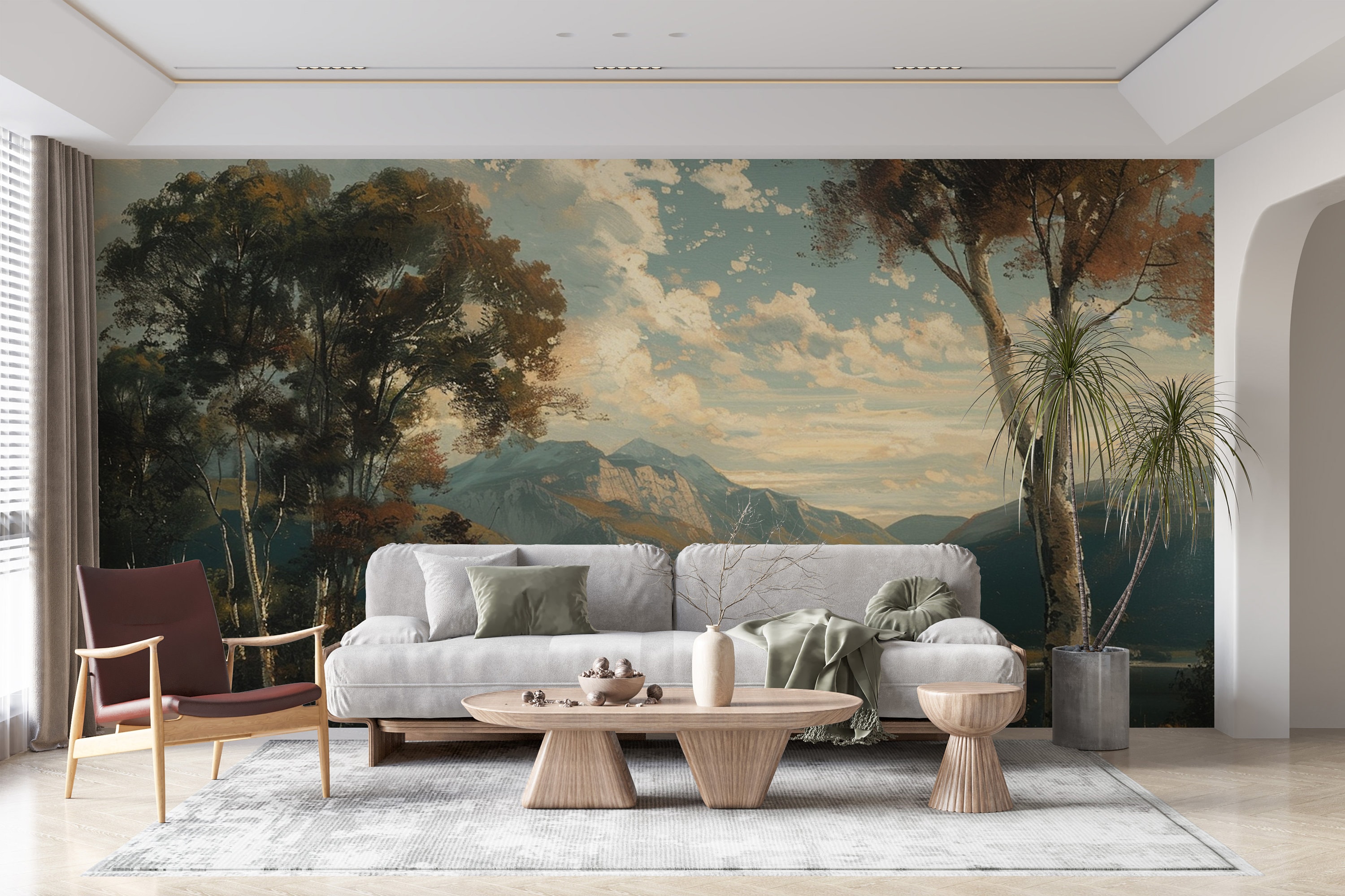 Vintage Landscape Wallpaper, Tree and Mountain Mural Art, Peel Stick ...