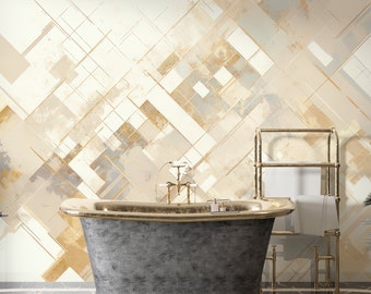 Modern Geometric Pattern Wall Art, Boho Beige Neutral Wall Decal, Minimalist Abstract Wallpaper Mural, Living Room and Bedroom Wall Decor
