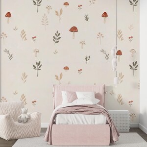 Woodland Cute Mushroom Wallpaper, Hand-Drawn Floral Wall Mural, Minimalist Nursery Wall Decal, Playful Kids Wall Decor, Children's Room Art