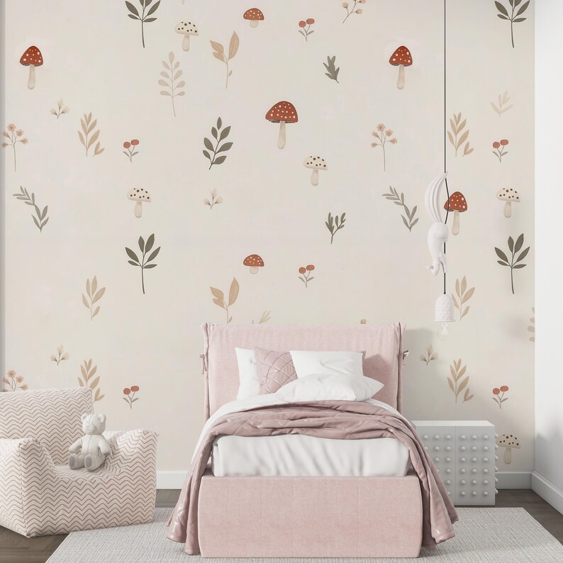 Woodland Cute Mushroom Wallpaper, Hand-Drawn Floral Wall Mural, Minimalist Nursery Wall Decal, Playful Kids Wall Decor, Children's Room Art