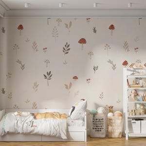 Woodland Cute Mushroom Wallpaper, Hand-Drawn Floral Wall Mural, Minimalist Nursery Wall Decal, Playful Kids Wall Decor, Children's Room Art