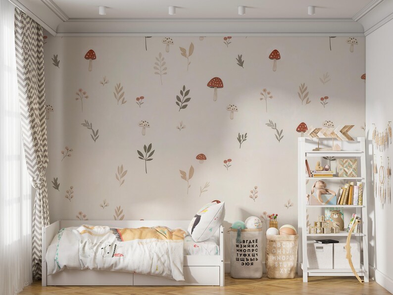 Woodland Cute Mushroom Wallpaper, Hand-Drawn Floral Wall Mural, Minimalist Nursery Wall Decal, Playful Kids Wall Decor, Children's Room Art