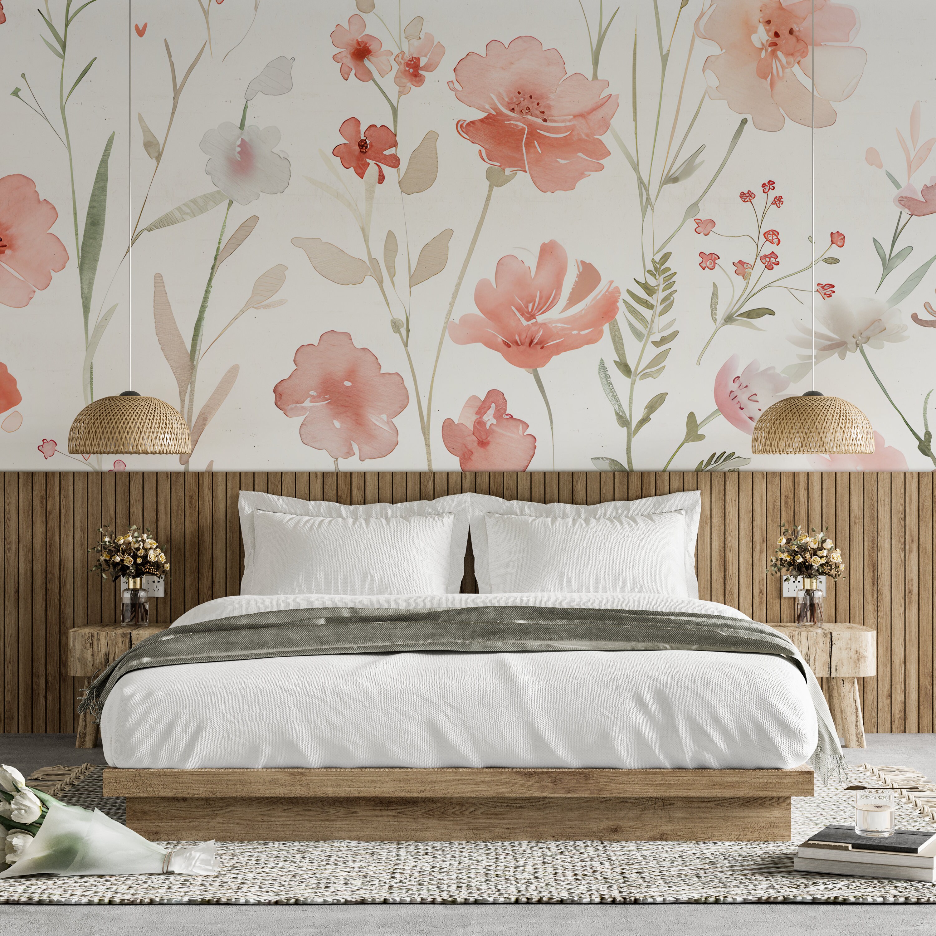Soft Watercolor Floral Wallpaper, Wildflower Wall Decal, Pink Peony ...