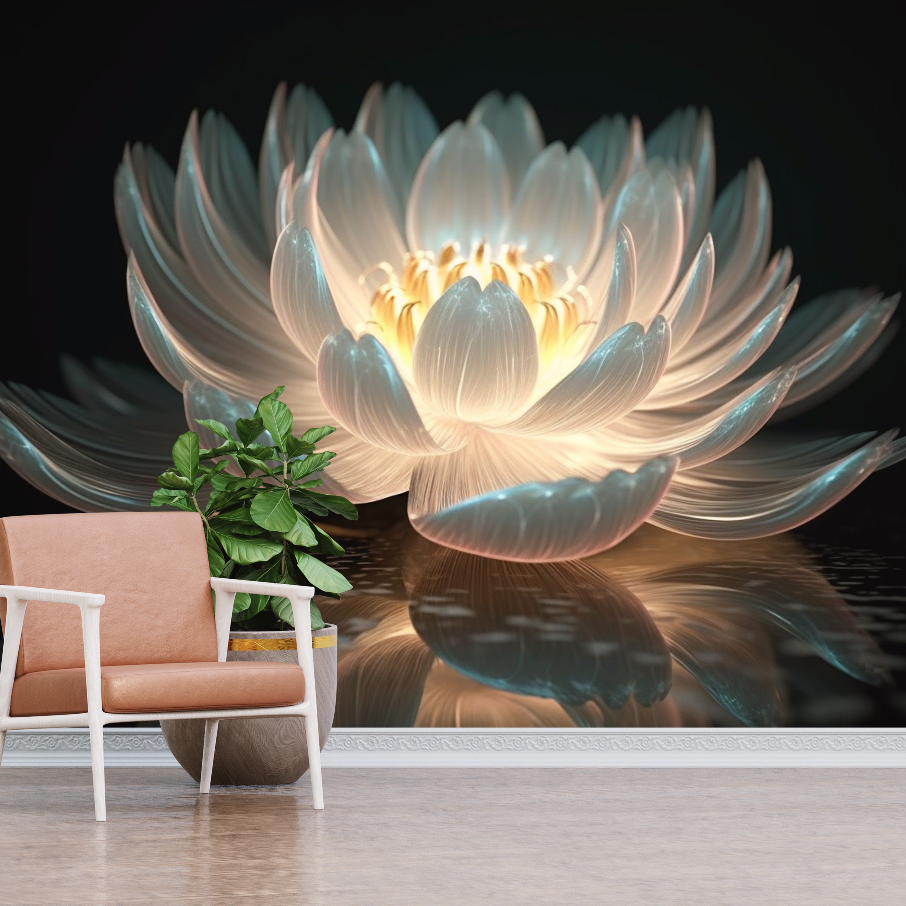 Papier Peint 3D Blanc Lotus M1470 – Autocollant Mural Amovible, Décoration Lotus, Effet 3D