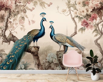 Peacock Wallpaper for Livingroom, Bedroom and Office Wall, Removable Floral Mural Decor, Peel Stick and One Piece