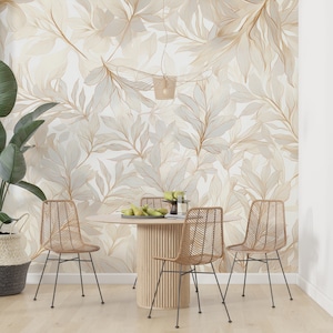 Decorazione murale con foglie lilla beige neutre Boho, carta da parati minimalista con foglie lilla, decorazione da parete con motivo a foglie astratte per soggiorno e camera da letto