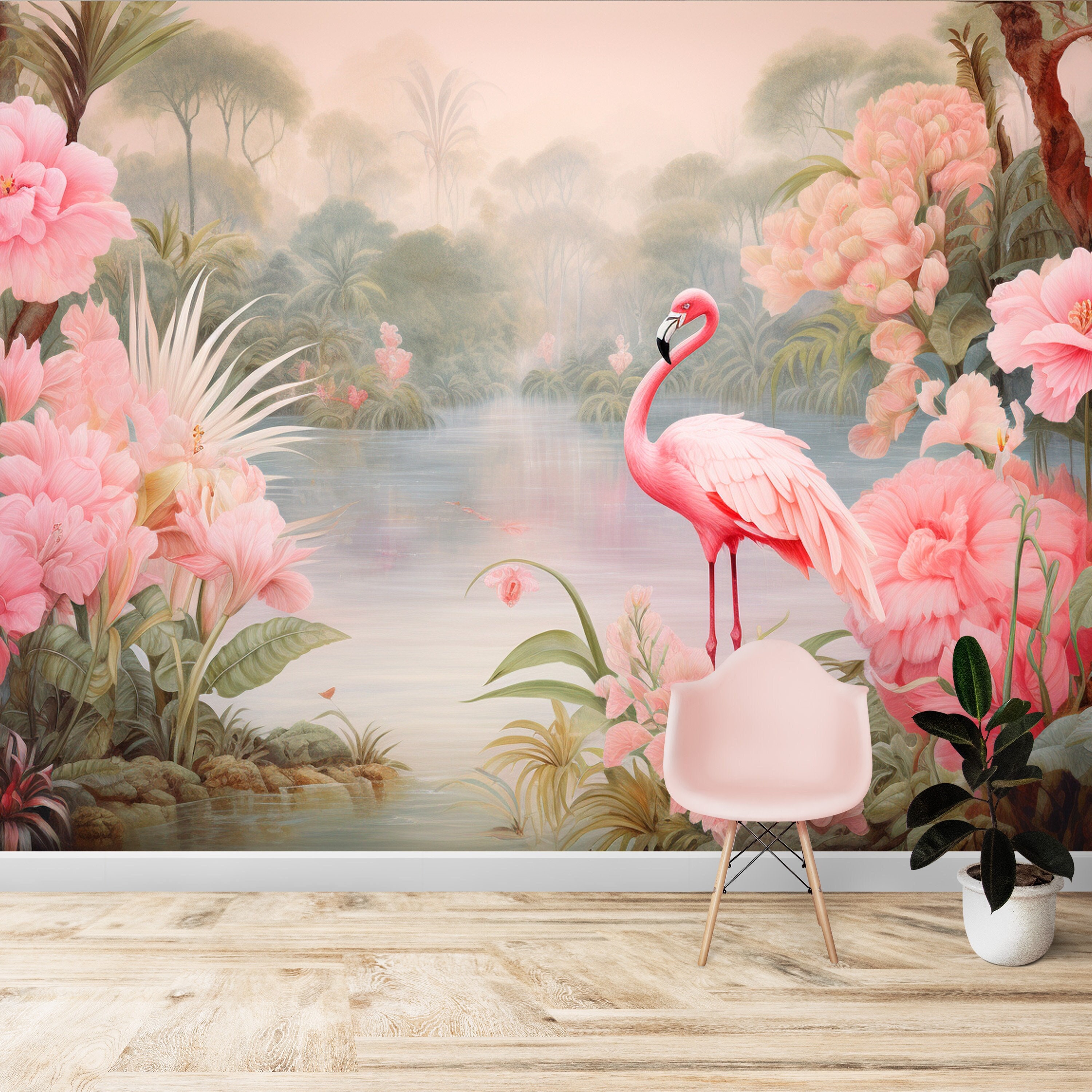 Landscape Wallpaper, Soft Pink Flowers, Flamingo, Palm Trees and Leaves, Removable Mural Decor, One Piece & Peel Stick, Animal Wallpaper