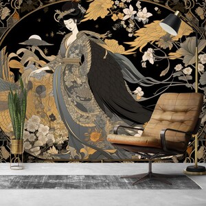 May include: A black and gold illustration of a woman in a traditional Japanese kimono, surrounded by flowers and foliage. The woman is standing in front of a black background with a moon and stars.