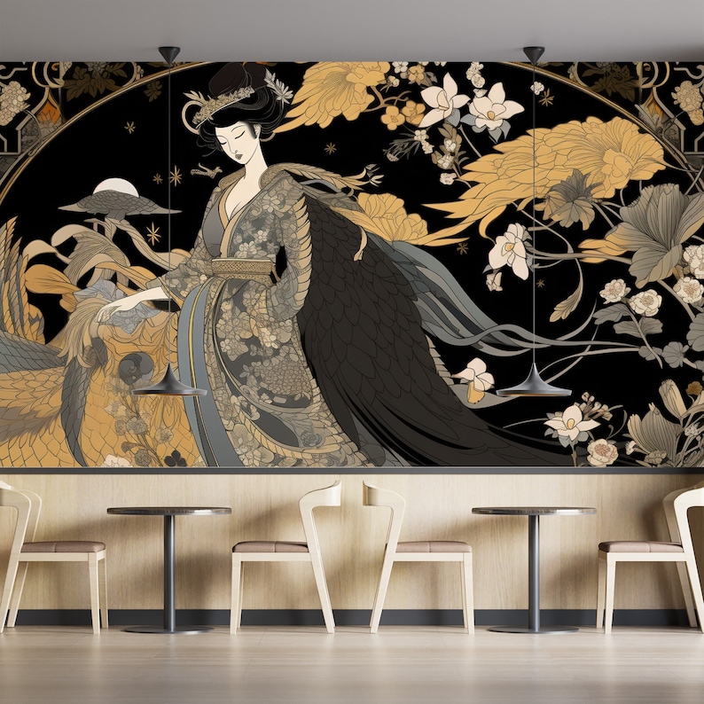 May include: A black and gold wall mural featuring a woman in a traditional Japanese kimono with a large black bird behind her. The mural is set against a dark background with gold and white floral accents.