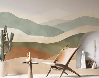 Abstract Chromatic Mountains Wallpaper, Boho Colorfull Wave Pattern Wall Decal, Minimalist Green Shapes Wall Mural, Modern Art Deco Wall Art