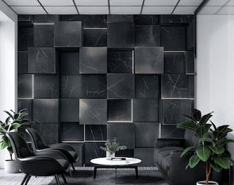 3D Look Modern Wall Art, Black Geometric Pattern Wall Decal, Dark Square Abstract Wallpaper Mural, Luxury Living Room and Bedroom Wall Decor