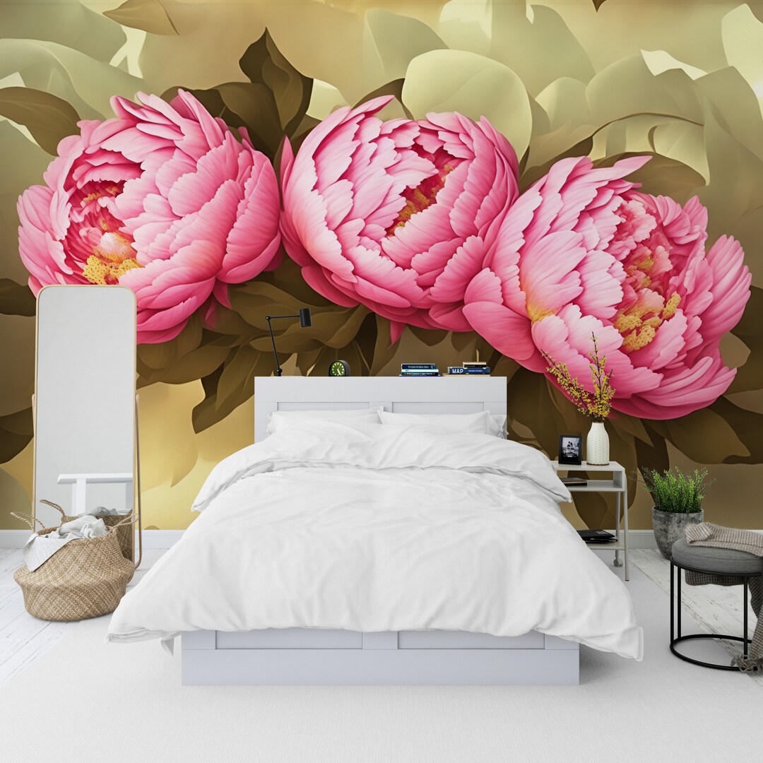 Pink Peony Flowers Wallpaper for Home & Office Wall / Removable and One
