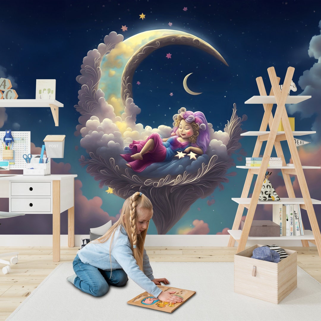 Little Princess Sleeping on the Moon Wallpaper for Nursery and Kids ...