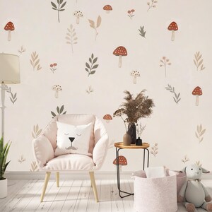 Woodland Cute Mushroom Wallpaper, Hand-Drawn Floral Wall Mural, Minimalist Nursery Wall Decal, Playful Kids Wall Decor, Children's Room Art