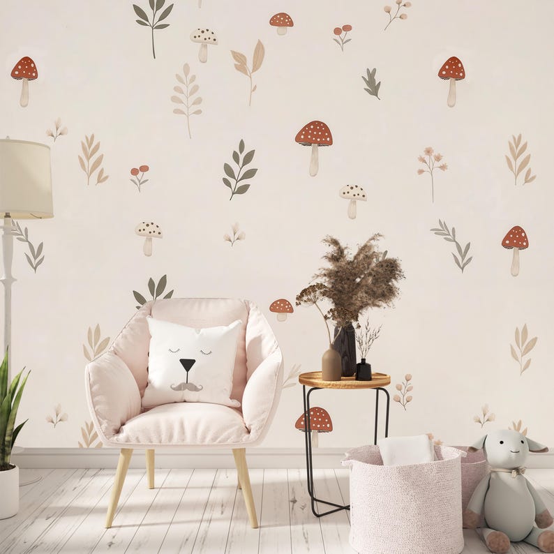 Woodland Cute Mushroom Wallpaper, Hand-Drawn Floral Wall Mural, Minimalist Nursery Wall Decal, Playful Kids Wall Decor, Children's Room Art