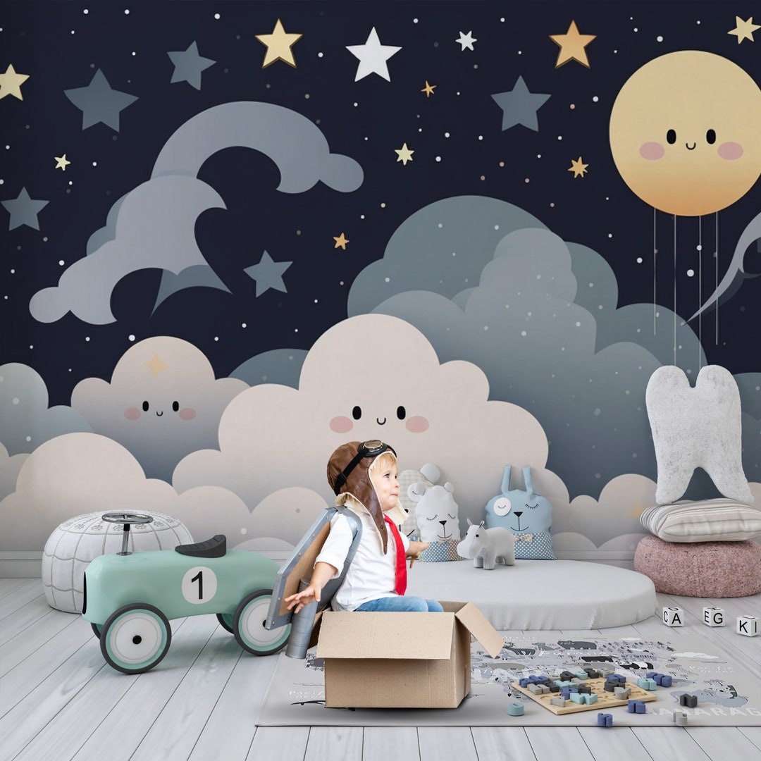 Nursery and Kids Room Wallpaper / Clouds, Stars and Sun Removable ...