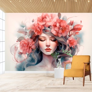 Carta da parati ad acquerello con donna e fiori per la parete del salone di bellezza e del parrucchiere - Stacca e incolla, non tessuto e vinile, decorazione della parete del salone