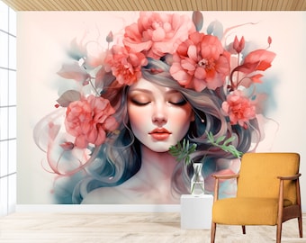 Woman and Flowers Watercolor Wallpaper for Beauty Salon and Hairdresser Wall - Peel and Stick, Nonwoven and Vinyl, Salon Wall Decor