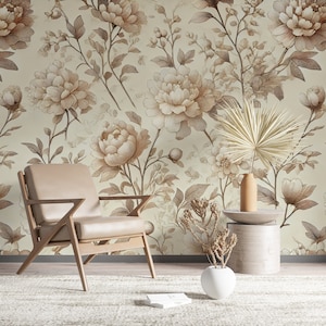 Beige Peony Floral Wall Decor, Vintage Flower Wallpaper, Peony Blossom Wall Mural, Large Peony Flower Wallpaper, Minimalist Peonies Wall Art