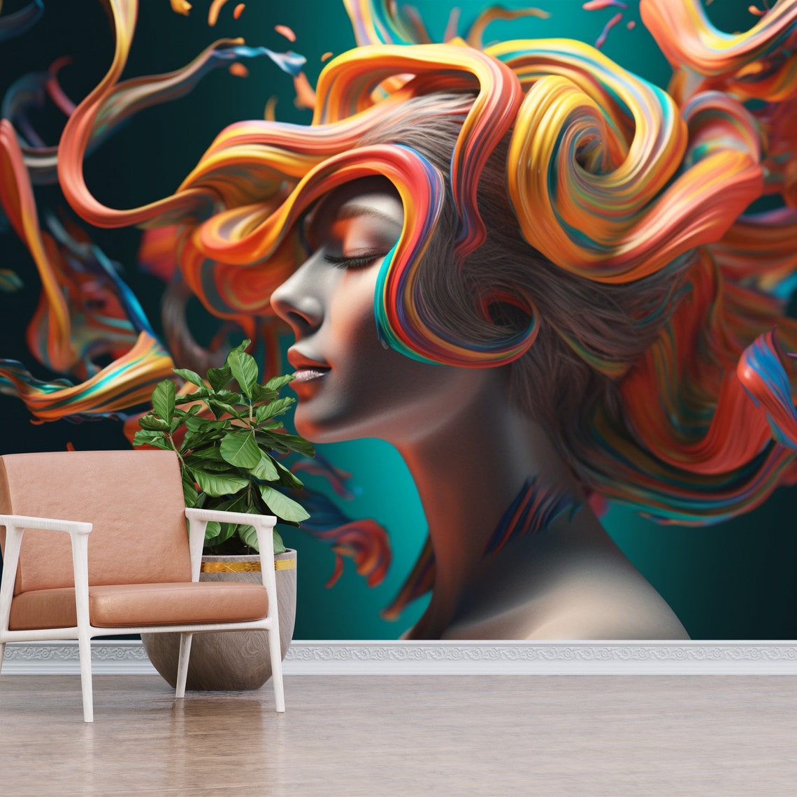Woman With Colorful Hair Art Wallpaper for Beauty Salon and Etsy
