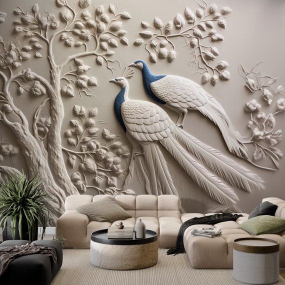 エンボス加工の壁紙、3D花と孔雀のレリーフ壁画装飾、剥がして貼る