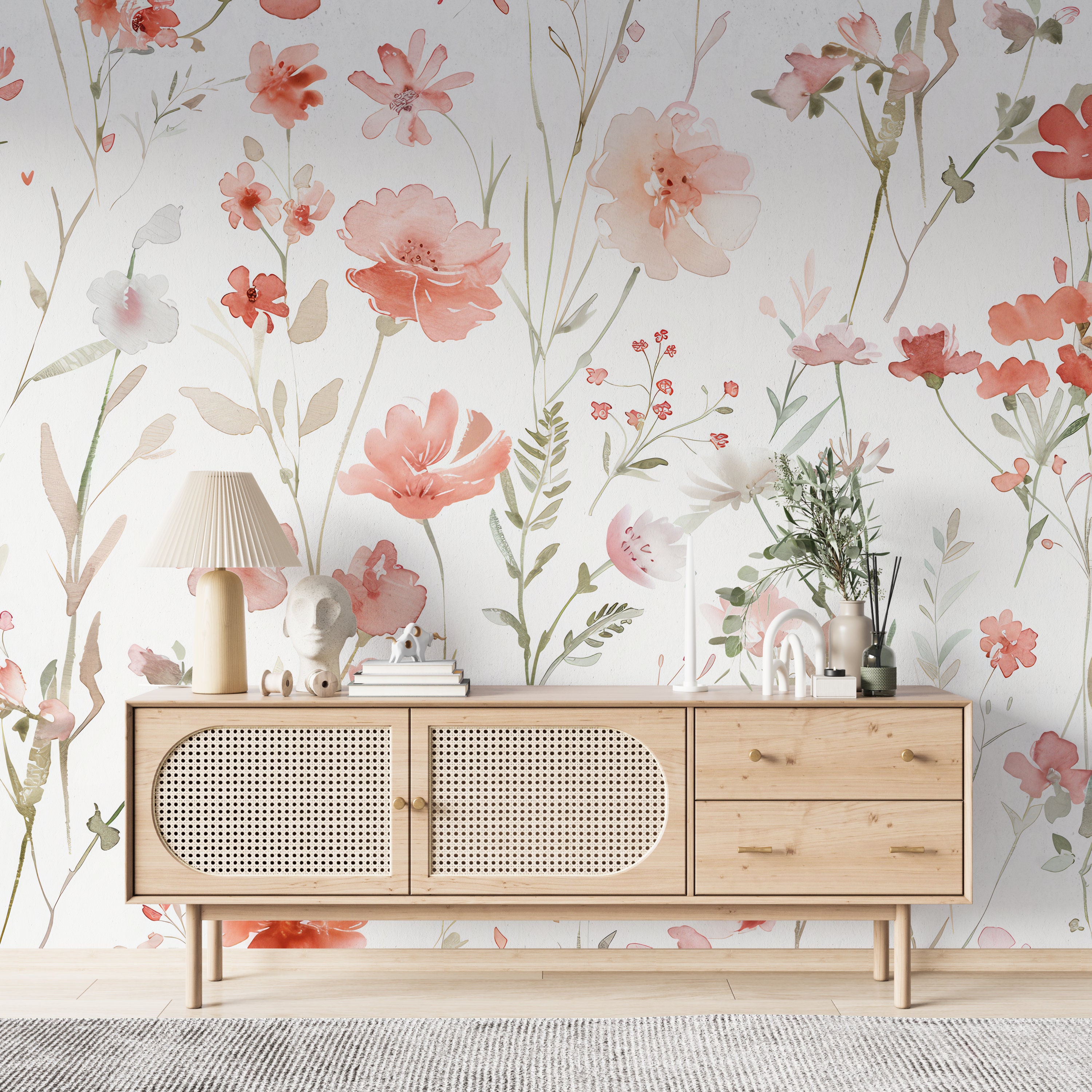 Soft Watercolor Floral Wallpaper, Wildflower Wall Decal, Pink Peony ...